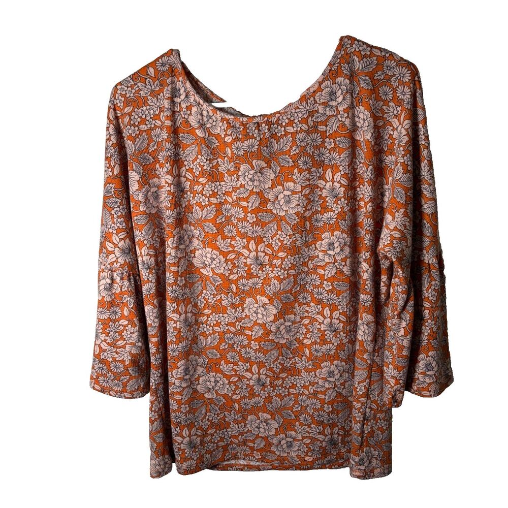 LC Lauren Conrad Blouse Women's Large Orange 3/4 Sleeve Tie Back Lightweight